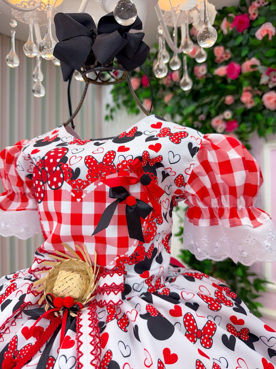 Vestido Junino Tematico Luxo Minnie/Minei Vermelho - Leveza e Elegância para Meninas | Bebeloo Kids