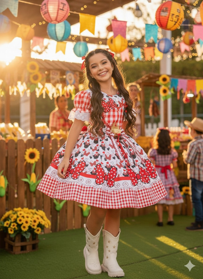 Vestido Junino Tematico Luxo Minnie/Minei Vermelho - Leveza e Elegância para Meninas | Bebeloo Kids
