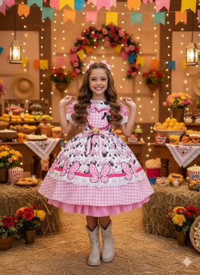 Vestido Junino Tematico Luxo Minnie/Minei Rosa - Leveza e Elegância para Meninas | Bebeloo Kids
