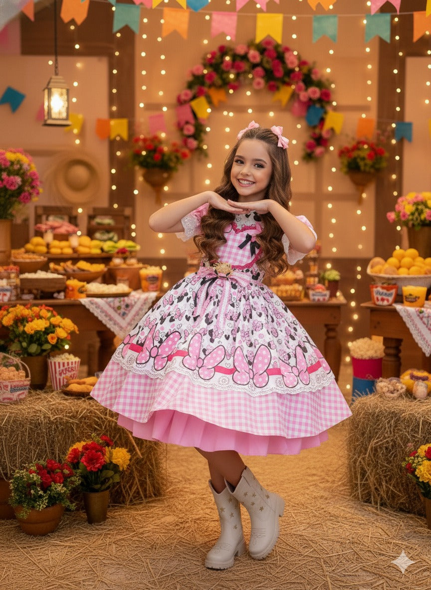 Vestido Junino Tematico Luxo Minnie/Minei Rosa - Leveza e Elegância para Meninas | Bebeloo Kids