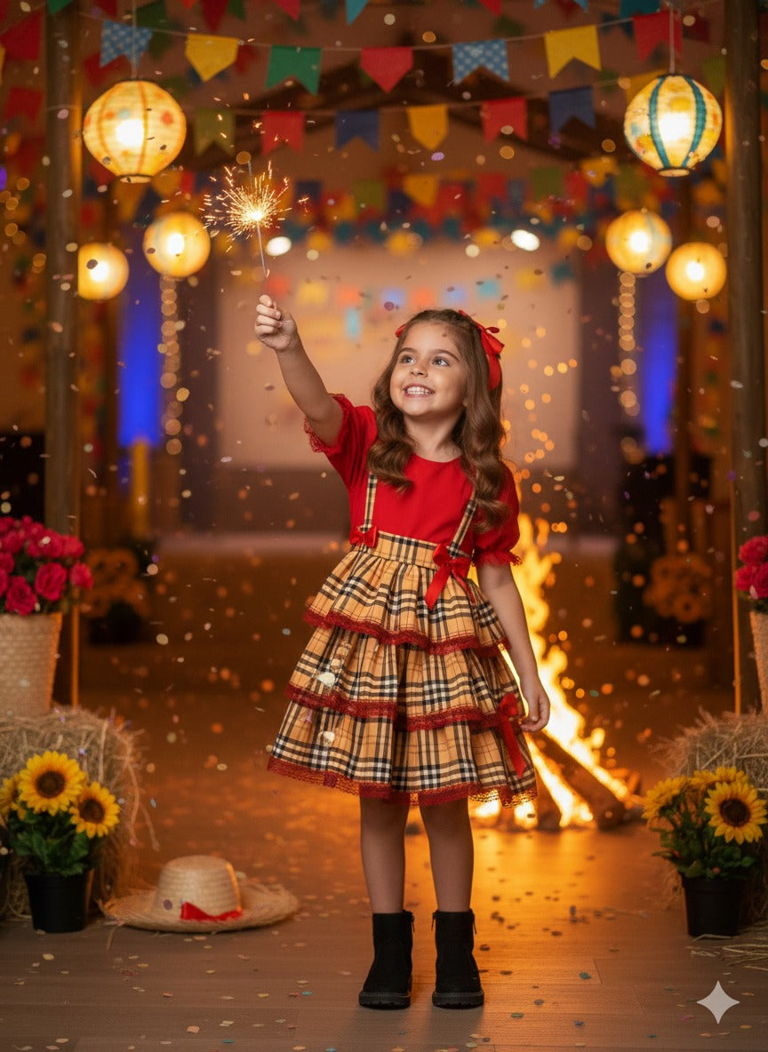 Conjunto Junino Banana Club Luxo Camisa Vermelha Encanto Caipira - Estilo Delicado para o Dia a Dia | Bebeloo Kids