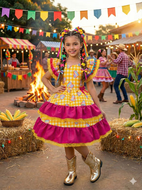 Vestido Junino Banana Club Luxo Coração Junino Amarelo - Leveza e Elegância para Meninas | Bebeloo Kids