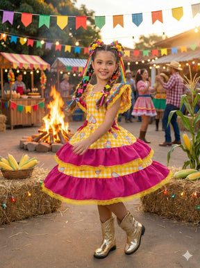 Vestido Junino Banana Club Luxo Coração Junino Amarelo - Leveza e Elegância para Meninas | Bebeloo Kids