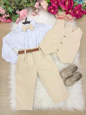Conjunto Miss Cherry Social Leonardo Colete Palha - Bege - Estilo Delicado para o Dia a Dia | Bebeloo Kids
