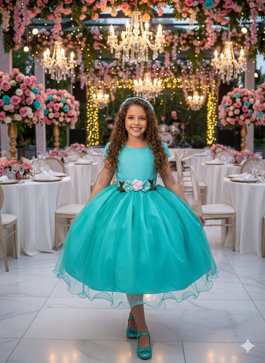 Vestido Juvenil Vila Lele Luiza Verde Tiffany - Leveza e Elegância para Meninas | Bebeloo Kids