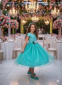 Vestido Juvenil Vila Lele Luiza Verde Tiffany - Leveza e Elegância para Meninas | Bebeloo Kids