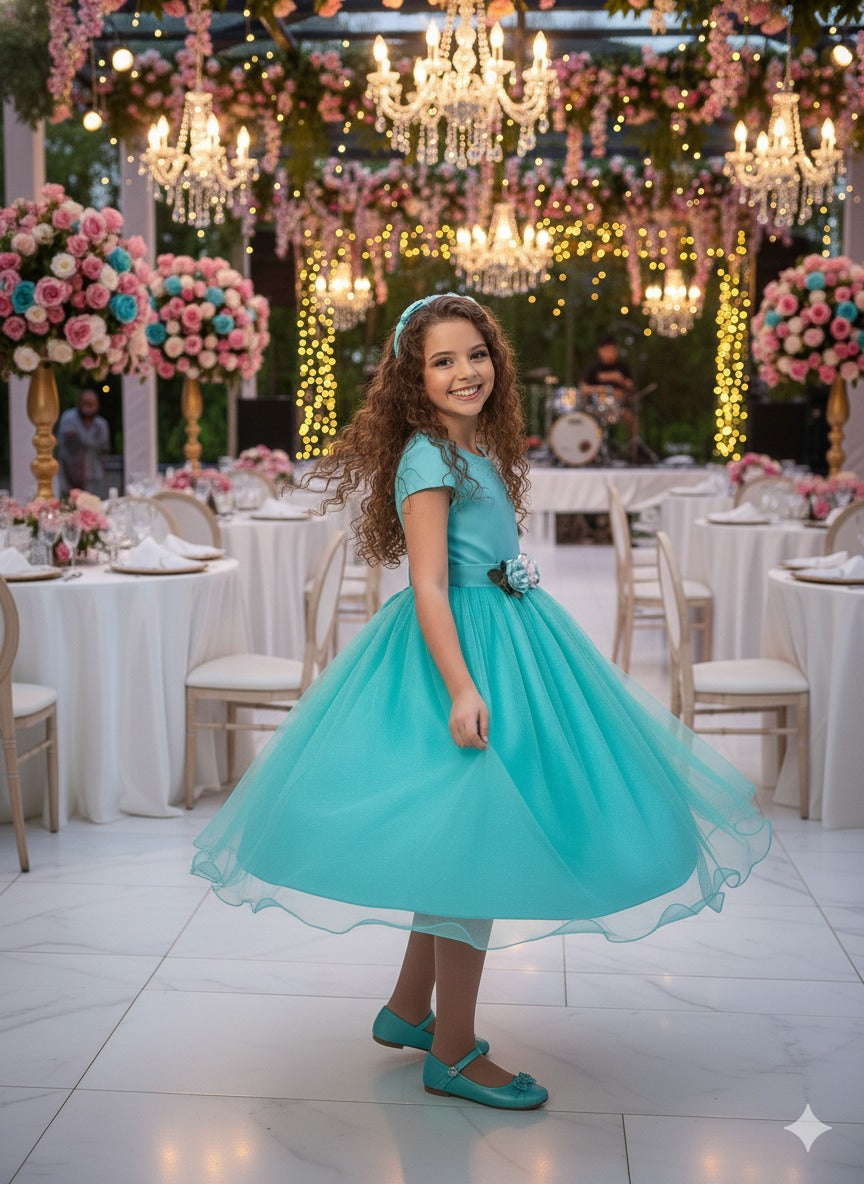 Vestido Juvenil Vila Lele Luiza Verde Tiffany - Leveza e Elegância para Meninas | Bebeloo Kids