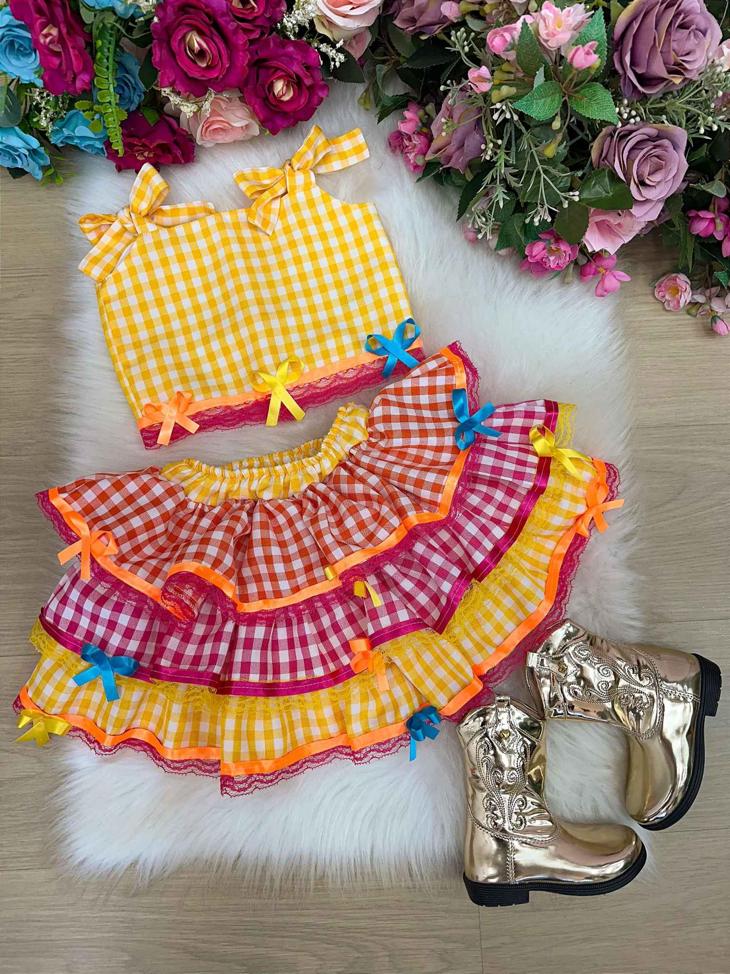 Conjunto Junino Banana Club Luxo Sofia Xadrez - Estilo Delicado para o Dia a Dia | Bebeloo Kids