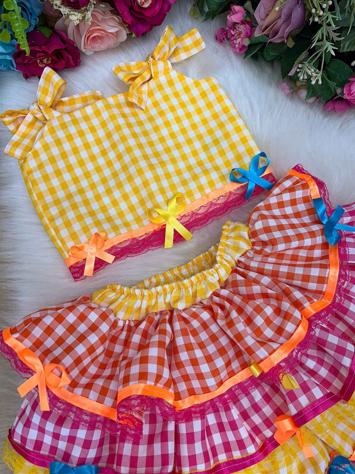 Conjunto Junino Banana Club Luxo Sofia Xadrez - Estilo Delicado para o Dia a Dia | Bebeloo Kids