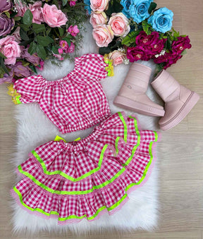 Conjunto Junino Banana Club Luxo Sofia Xadrez - Estilo Delicado para o Dia a Dia | Bebeloo Kids