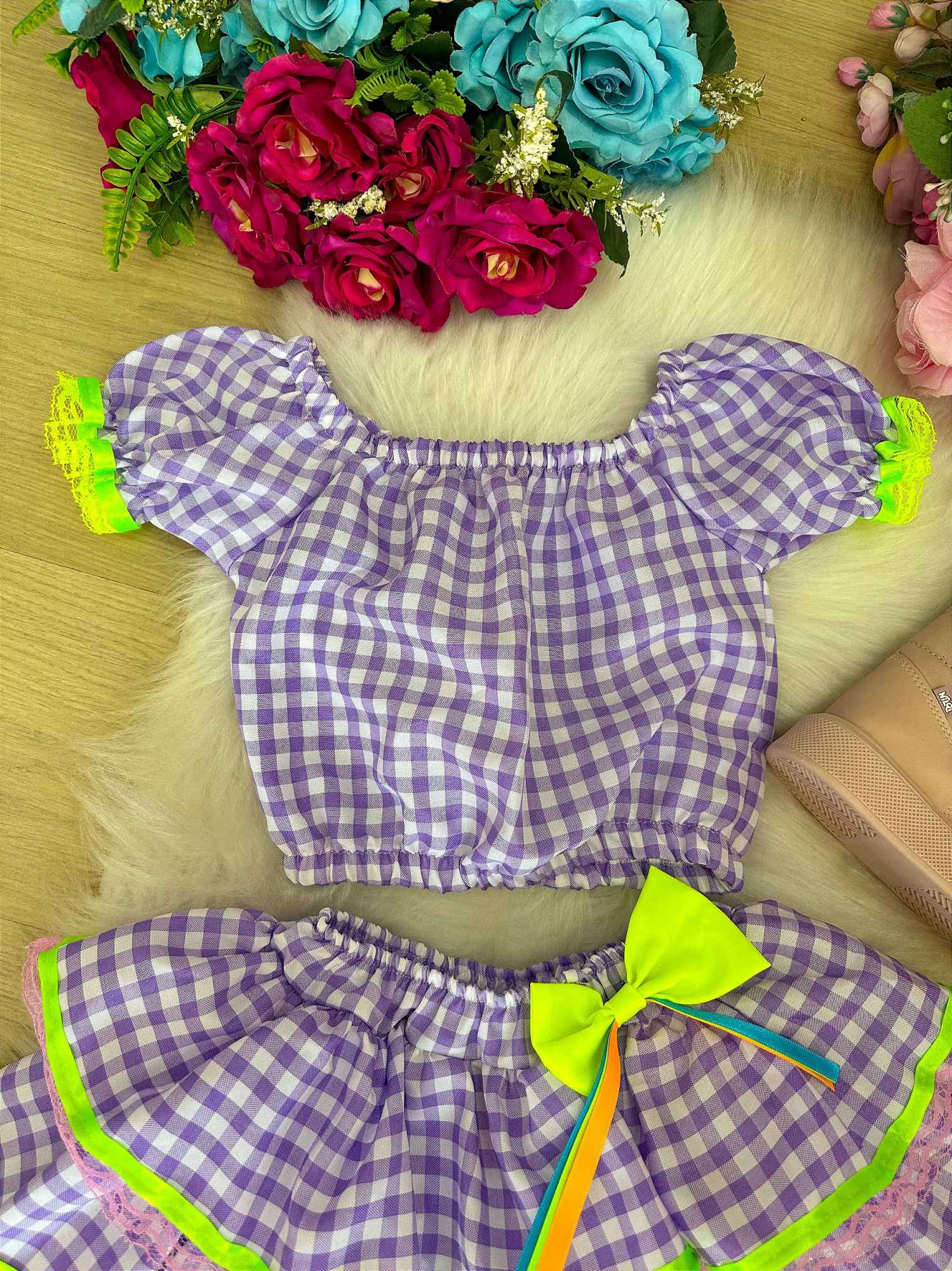 Conjunto Junino Banana Club Luxo Sofia Xadrez - Estilo Delicado para o Dia a Dia | Bebeloo Kids