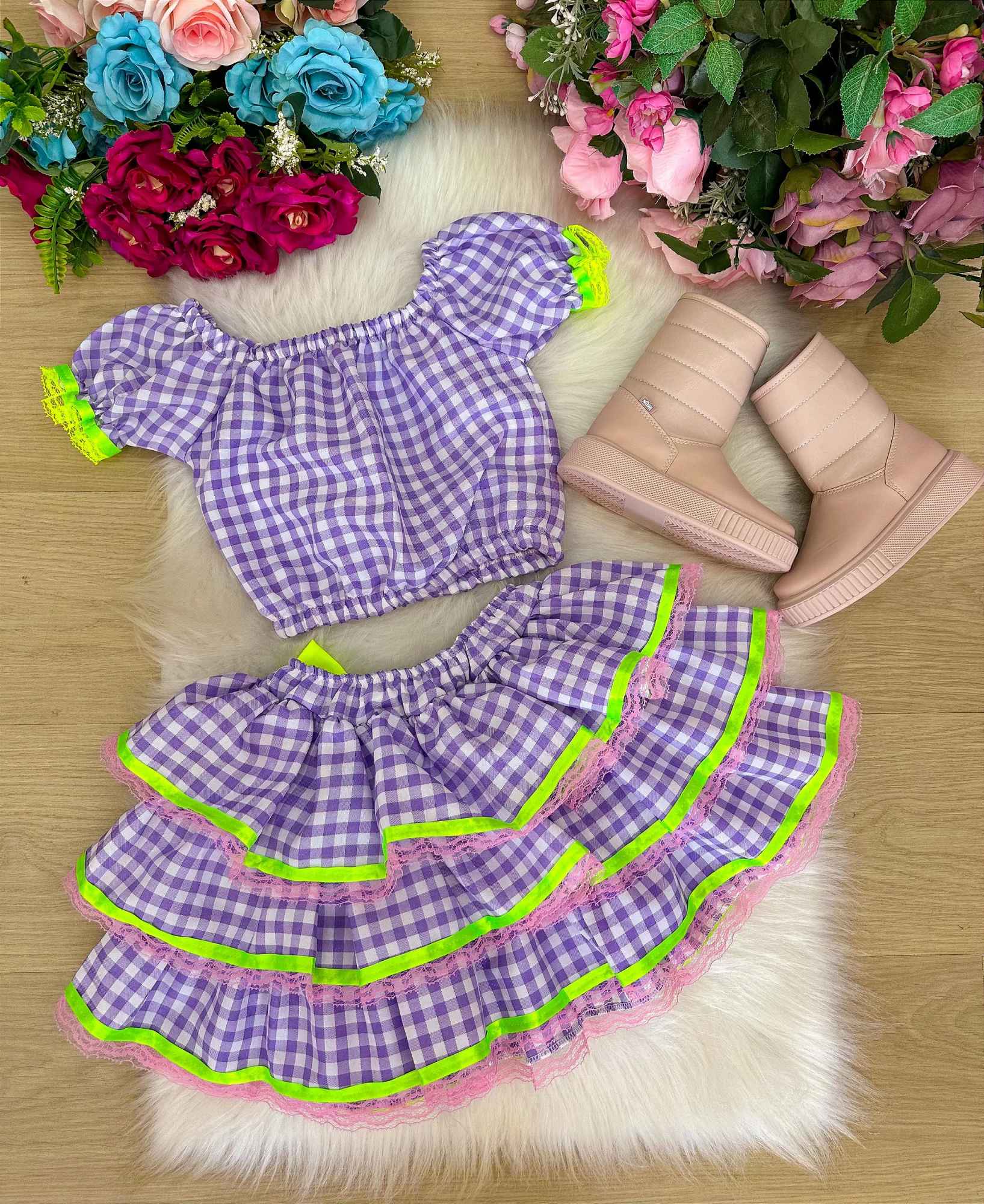Conjunto Junino Banana Club Luxo Sofia Xadrez - Estilo Delicado para o Dia a Dia | Bebeloo Kids