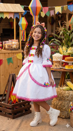 Vestido Junino Banana Club Luxo Noiva/Noivinha Lacinhos Branco - Leveza e Elegância para Meninas | Bebeloo Kids