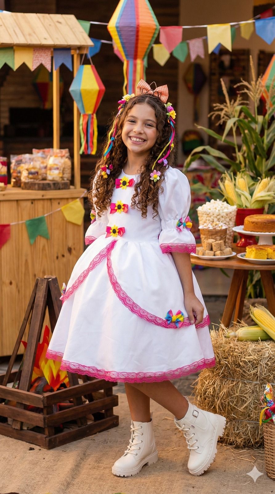 Vestido Junino Banana Club Luxo Noiva/Noivinha Lacinhos Branco - Leveza e Elegância para Meninas | Bebeloo Kids