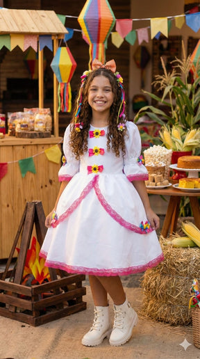 Vestido Junino Banana Club Luxo Noiva/Noivinha Lacinhos Branco - Leveza e Elegância para Meninas | Bebeloo Kids