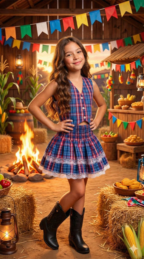 Conjunto Junino Miss Cherry Melissa Xadrez Azul Marinho - Estilo Delicado para o Dia a Dia | Bebeloo Kids