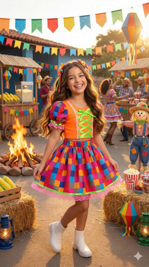 Conjunto Junino Banana Club Luxo Manu Laranja Neon - Estilo Delicado para o Dia a Dia | Bebeloo Kids