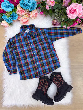 Camisa Junina Xadrez Breno Azul - Elegância e Conforto para os Pequenos | Bebeloo Kids