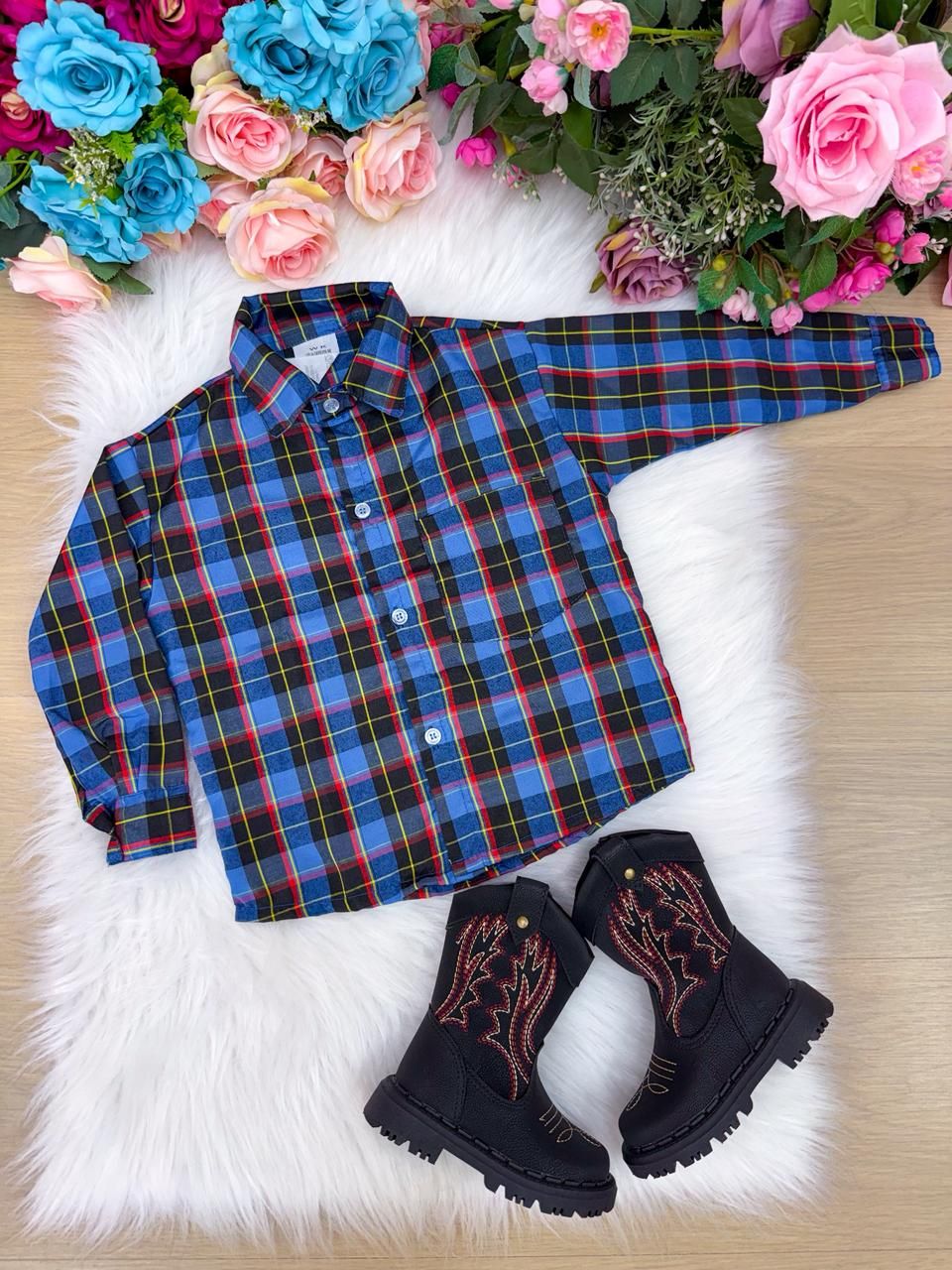 Camisa Junina Xadrez Breno Azul - Elegância e Conforto para os Pequenos | Bebeloo Kids