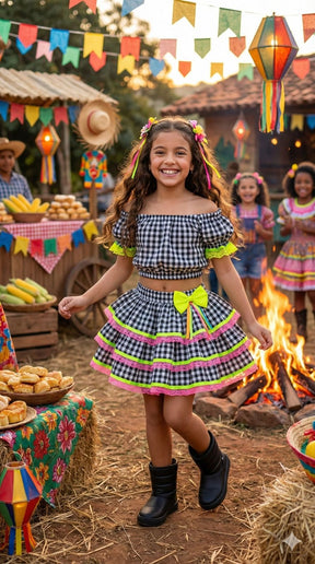 Conjunto Junino Banana Club Luxo Sofia Xadrez Preto - Estilo Delicado para o Dia a Dia | Bebeloo Kids