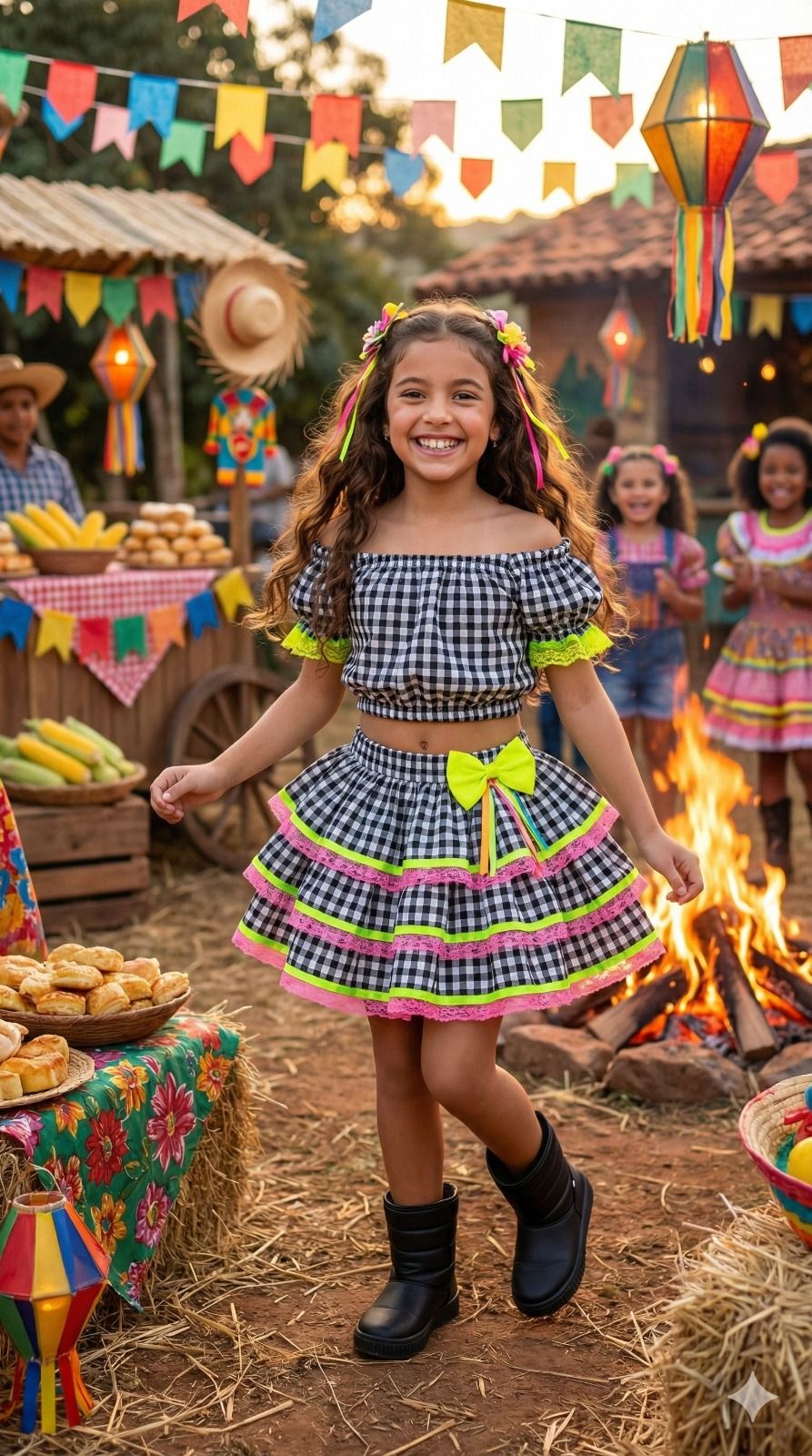 Conjunto Junino Banana Club Luxo Sofia Xadrez Preto - Estilo Delicado para o Dia a Dia | Bebeloo Kids