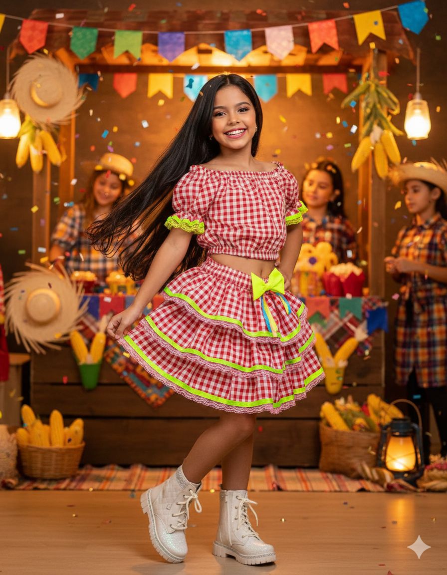 Conjunto Junino Banana Club Luxo Sofia Xadrez Vermelho - Estilo Delicado para o Dia a Dia | Bebeloo Kids
