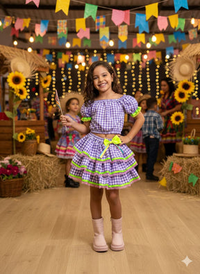 Conjunto Junino Banana Club Luxo Sofia Xadrez Lilas - Estilo Delicado para o Dia a Dia | Bebeloo Kids
