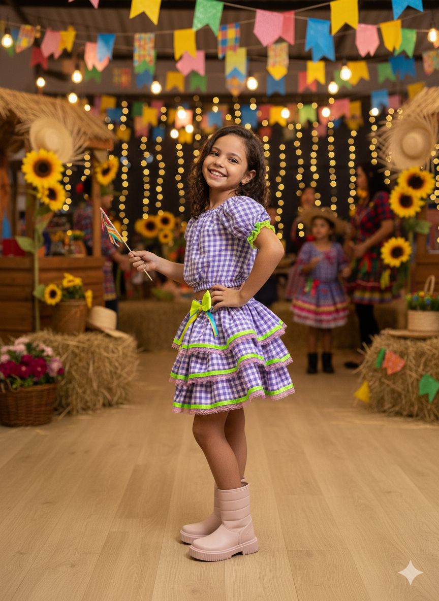 Conjunto Junino Banana Club Luxo Sofia Xadrez Lilas - Estilo Delicado para o Dia a Dia | Bebeloo Kids