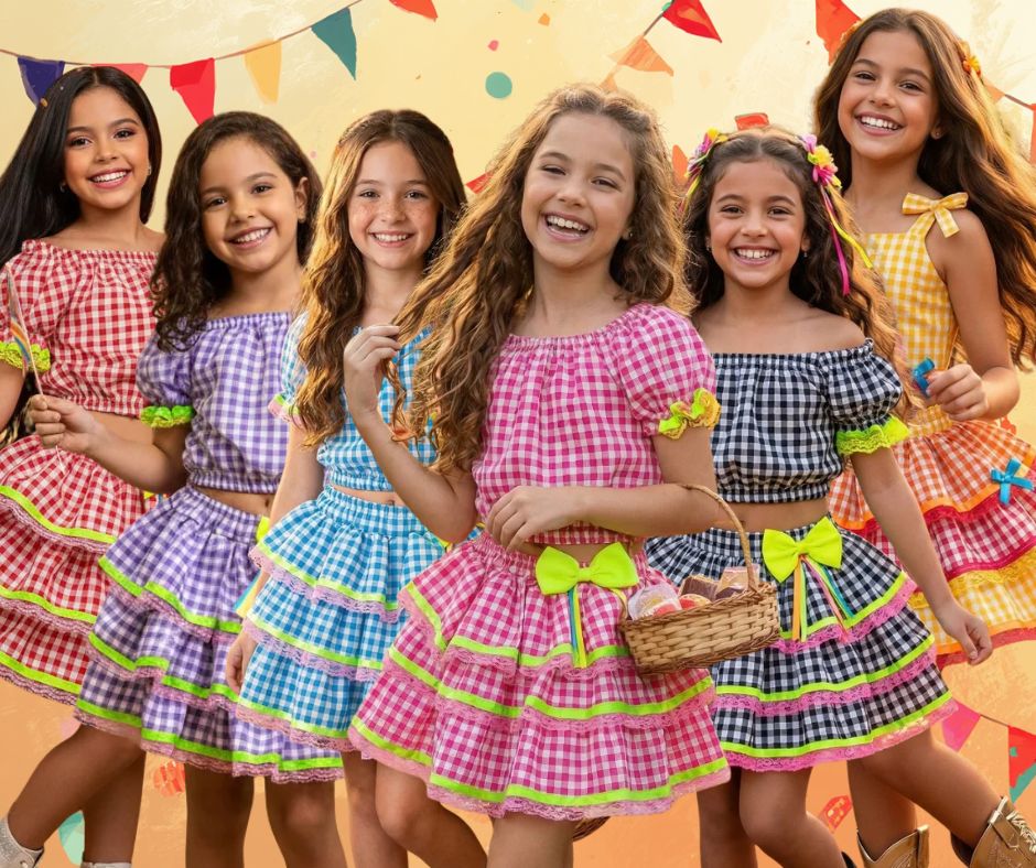 Conjunto Junino Banana Club Luxo Sofia Xadrez - Estilo Delicado para o Dia a Dia | Bebeloo Kids