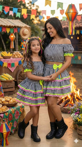 Conjunto Junino Banana Club Luxo Sofia Xadrez Preto Mãe e Filha - Estilo Delicado para o Dia a Dia | Bebeloo Kids