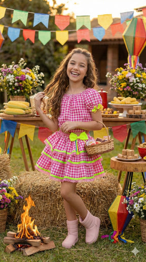 Conjunto Junino Banana Club Luxo Sofia Xadrez Rosa - Estilo Delicado para o Dia a Dia | Bebeloo Kids