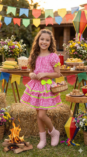 Conjunto Junino Banana Club Luxo Sofia Xadrez Rosa - Estilo Delicado para o Dia a Dia | Bebeloo Kids