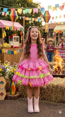 Vestido Banana Club Luxo Arraia do Chamego Pink - Leveza e Elegância para Meninas | Bebeloo Kids