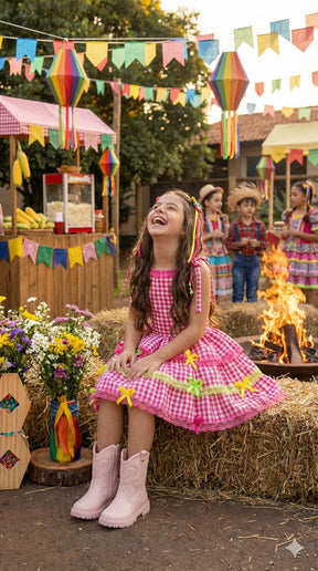 Vestido Banana Club Luxo Arraia do Chamego Pink - Leveza e Elegância para Meninas | Bebeloo Kids