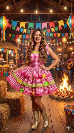 Vestido Banana Club Luxo Arraia do Chamego Mãe e Filha - Leveza e Elegância para Meninas | Bebeloo Kids