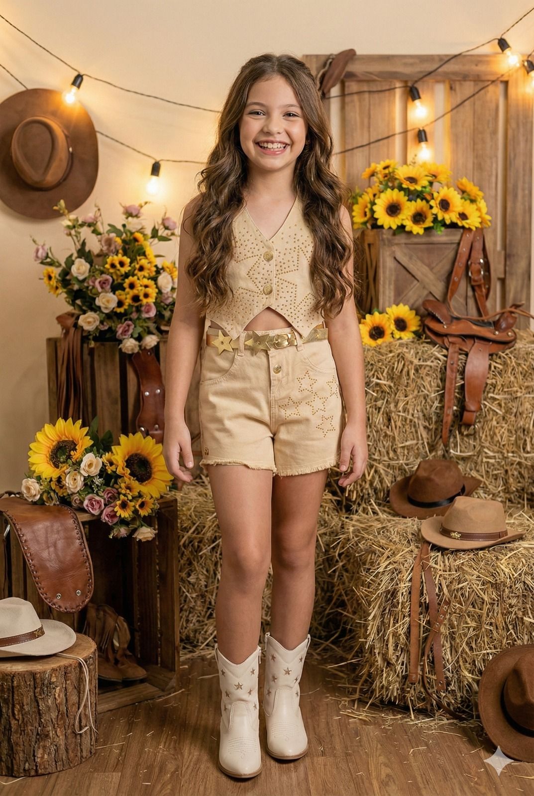 Conjunto Blogueirinha Boiadeira Estrelada Dourado - Estilo Delicado para o Dia a Dia | Bebeloo Kids