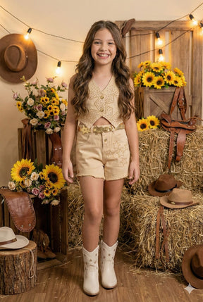 Conjunto Blogueirinha Boiadeira Estrelada Dourado - Estilo Delicado para o Dia a Dia | Bebeloo Kids