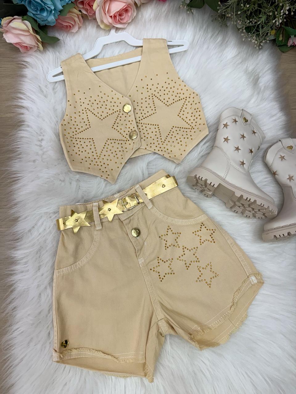 Conjunto Blogueirinha Boiadeira Estrelada Dourado - Estilo Delicado para o Dia a Dia | Bebeloo Kids