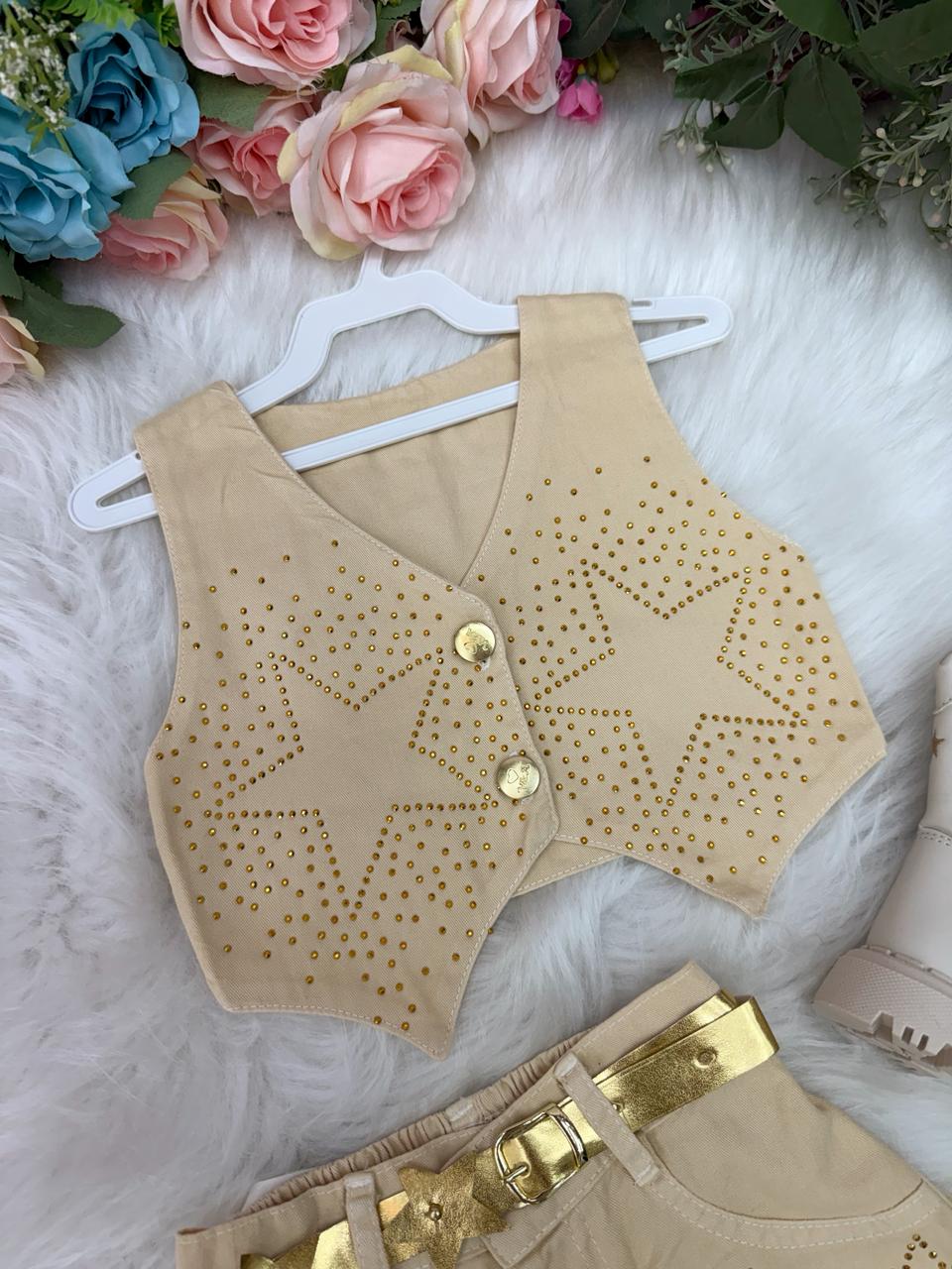 Conjunto Blogueirinha Boiadeira Estrelada Dourado - Estilo Delicado para o Dia a Dia | Bebeloo Kids