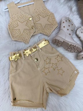 Conjunto Blogueirinha Boiadeira Estrelada Dourado - Estilo Delicado para o Dia a Dia | Bebeloo Kids