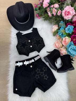 Conjunto Blogueirinha Boiadeira Estrelada Preto - Estilo Delicado para o Dia a Dia | Bebeloo Kids