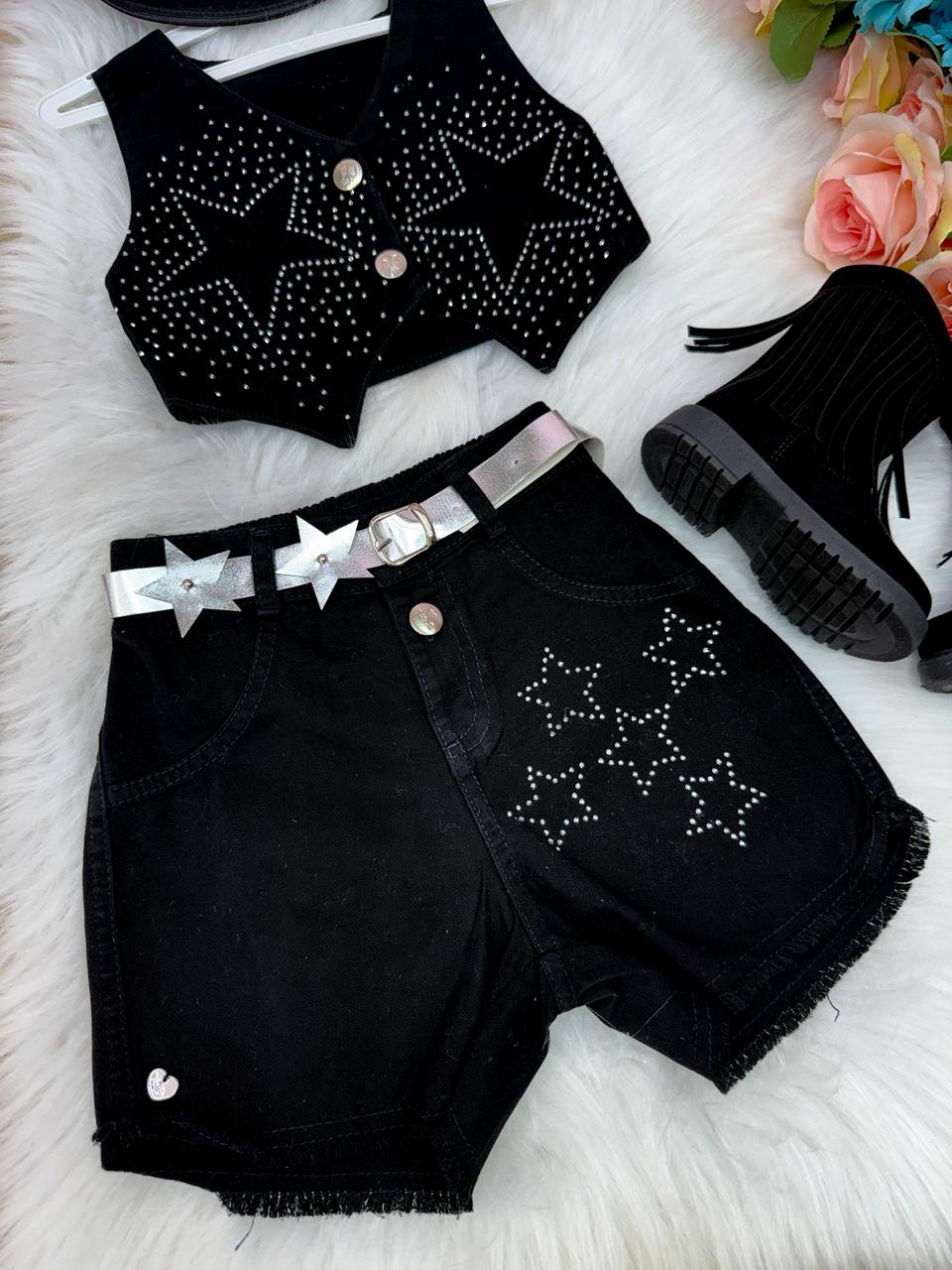 Conjunto Blogueirinha Boiadeira Estrelada Preto - Estilo Delicado para o Dia a Dia | Bebeloo Kids