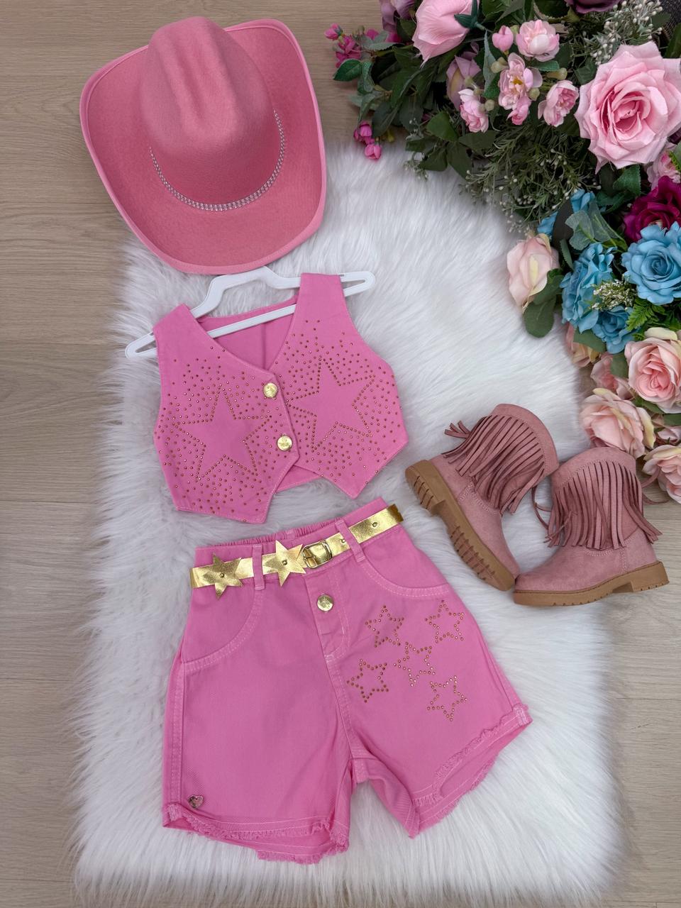 Conjunto Blogueirinha Boiadeira Estrelada Rosa - Estilo Delicado para o Dia a Dia | Bebeloo Kids
