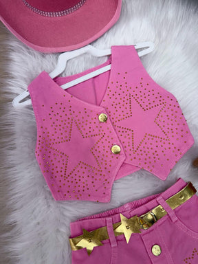 Conjunto Blogueirinha Boiadeira Estrelada Rosa - Estilo Delicado para o Dia a Dia | Bebeloo Kids