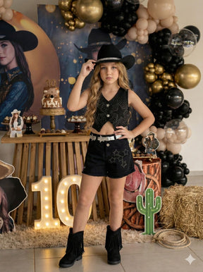 Conjunto Blogueirinha Boiadeira Estrelada Preto - Estilo Delicado para o Dia a Dia | Bebeloo Kids