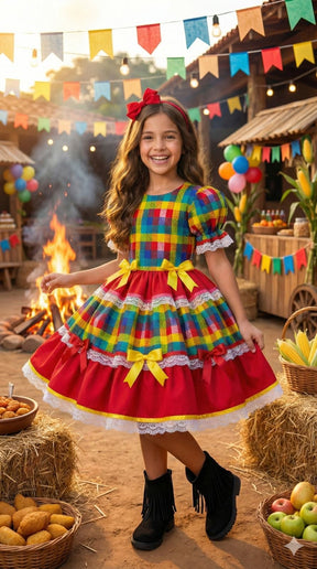 Vestido Junino Mimadine Luxo Priscila Vermelho - Leveza e Elegância para Meninas | Bebeloo Kids