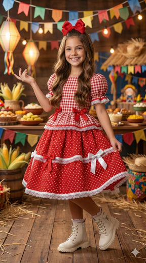 Vestido Junino Mimadine Luxo Stefanny Vermelho - Leveza e Elegância para Meninas | Bebeloo Kids