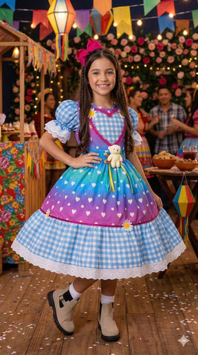Vestido Marie Junino Luxo Ursinho do Sertão Azul - Leveza e Elegância para Meninas | Bebeloo Kids