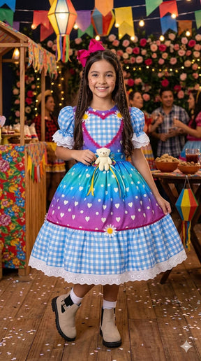 Vestido Marie Junino Luxo Ursinho do Sertão Azul - Leveza e Elegância para Meninas | Bebeloo Kids