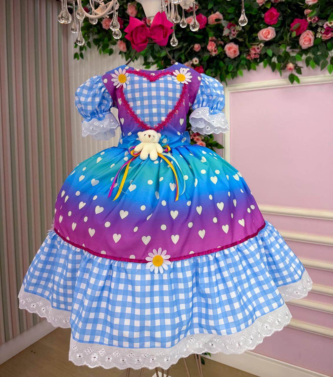 Vestido Marie Junino Luxo Ursinho do Sertão Azul - Leveza e Elegância para Meninas | Bebeloo Kids